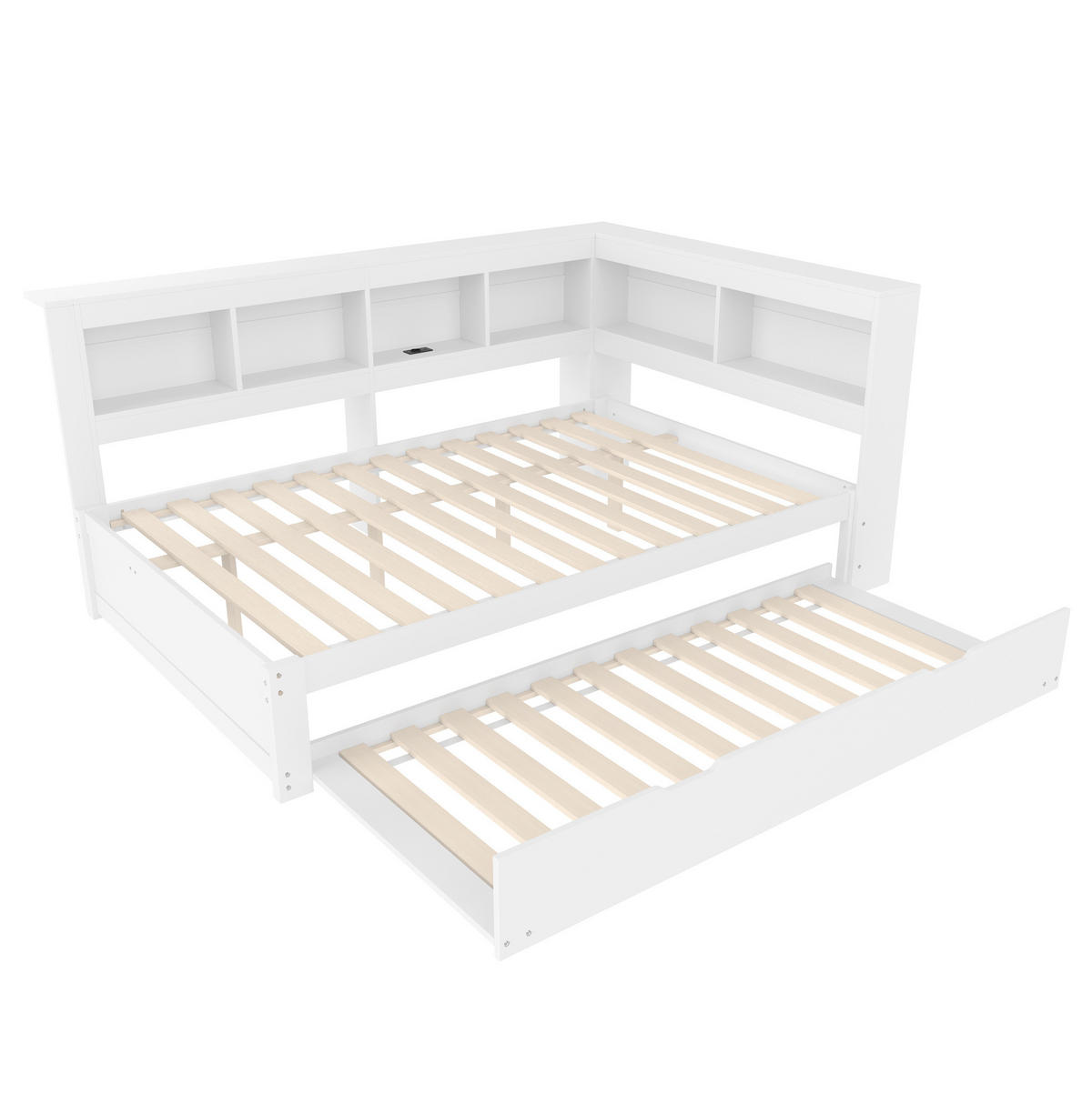 BETT aus Kiefer und MDF 140x200 cm Weiß mit ausziehbarem Rollbett, 2 Schubladen, Steckdose und 2 USB-Anschlüssen - Weiß, Holzwerkstoff (140/200cm) - Modfu