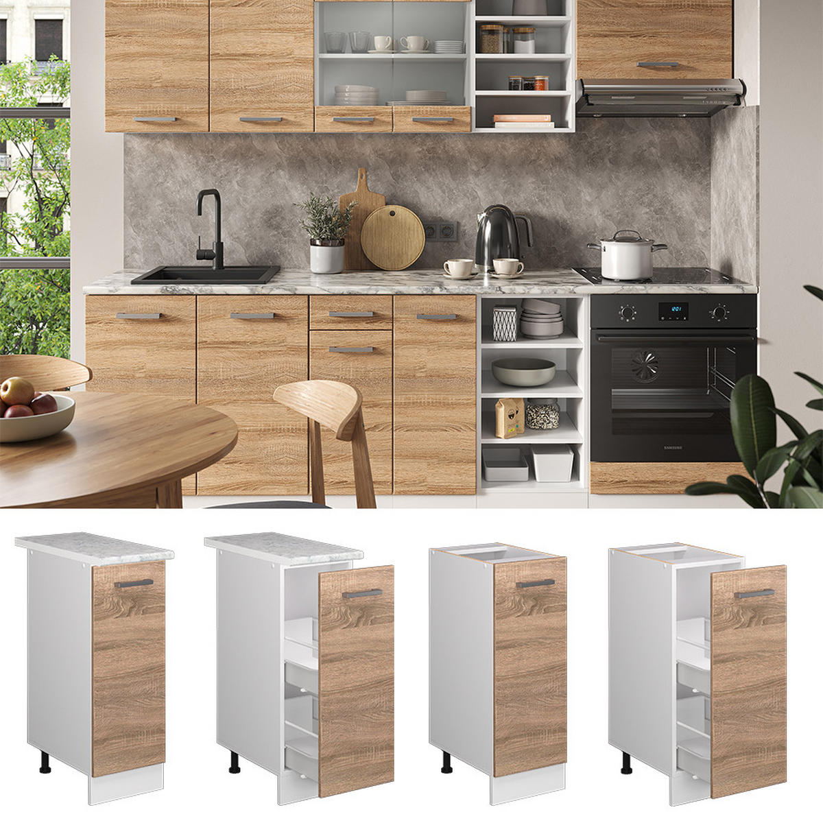 APOTHEKERSCHRANK R-Line Sonoma 30 cm, AP Eiche - Weiß/Sonoma Eiche, Holzwerkstoff (30/81.6/60cm) - Vicco
