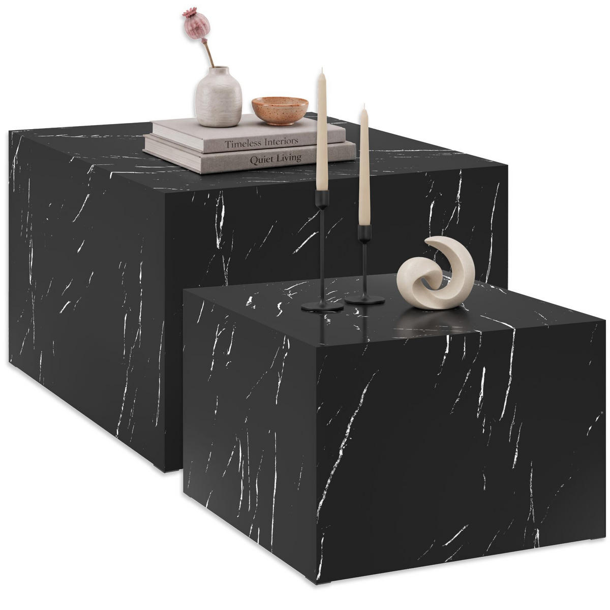COUCHTISCH 2er Set Lacey, inkl. Filzschoner, Belastbarkeit 45 kg, Marmor Optik schwarz - Schwarz, Holz (60/60/40cm) - tectake