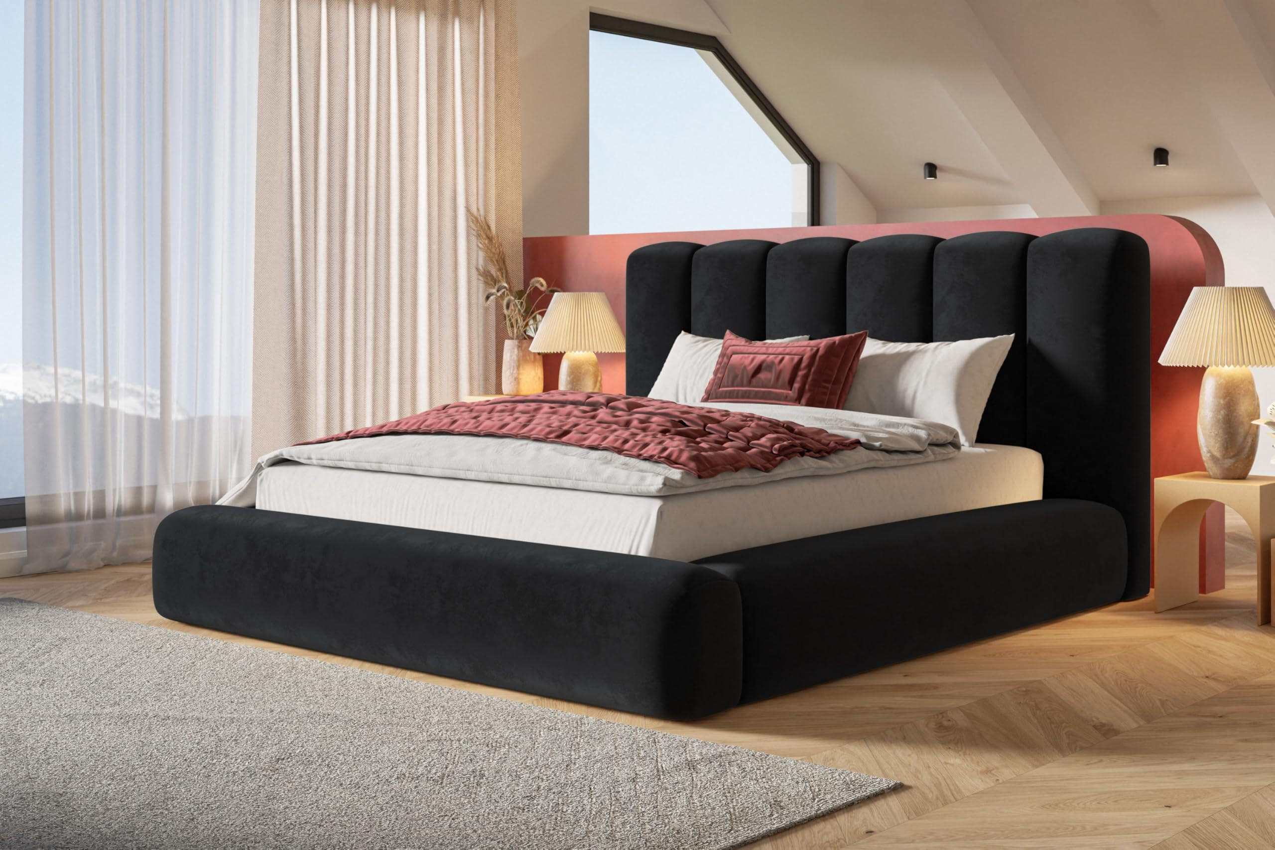 BETT 160x200 - Polsterbett mit Bettkasten und Metallrahmen - Modern Bett - Eleganter Amor-Velvet-Stoff - Kollektion Alva Maxi - Schwarz - Schwarz, Holz/Textil (160/200cm) - Alpi-Möbel