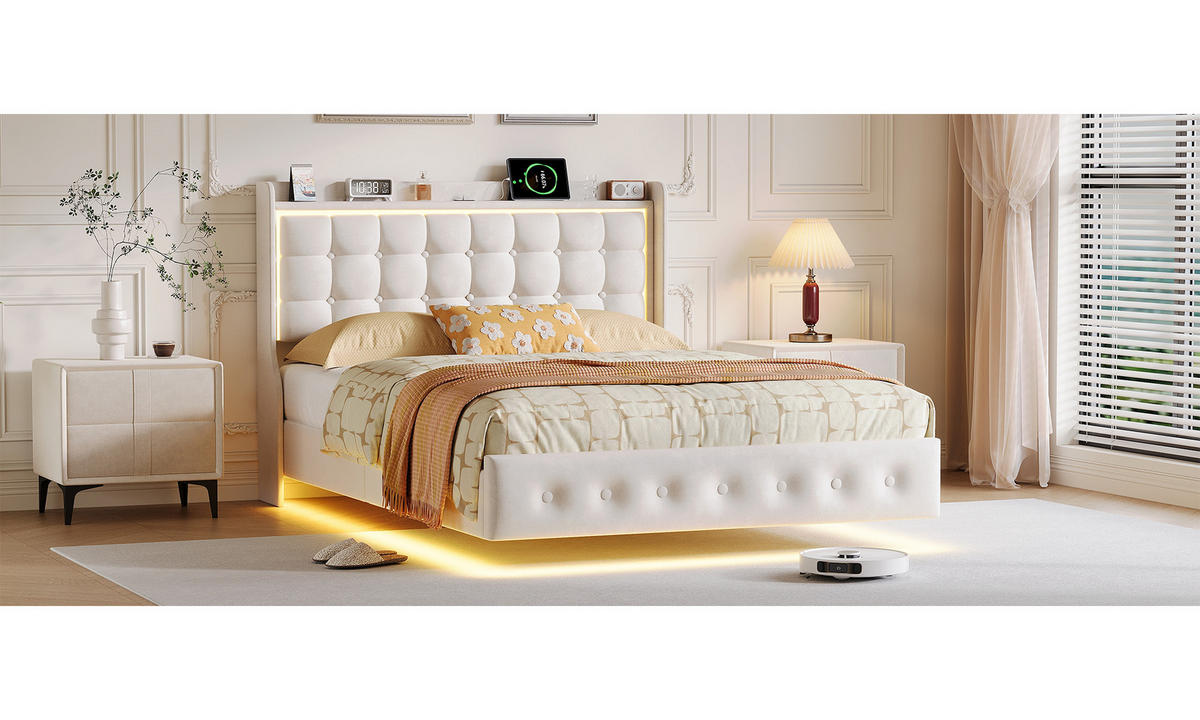 POLSTERBETT 140x200 cm mit LED und USB, Doppelbett mit Lattenrost und Kopfteil, Samtbezug, Weiße - Weiß, Holzwerkstoff/Textil (140/200cm) - GENKI LIVING