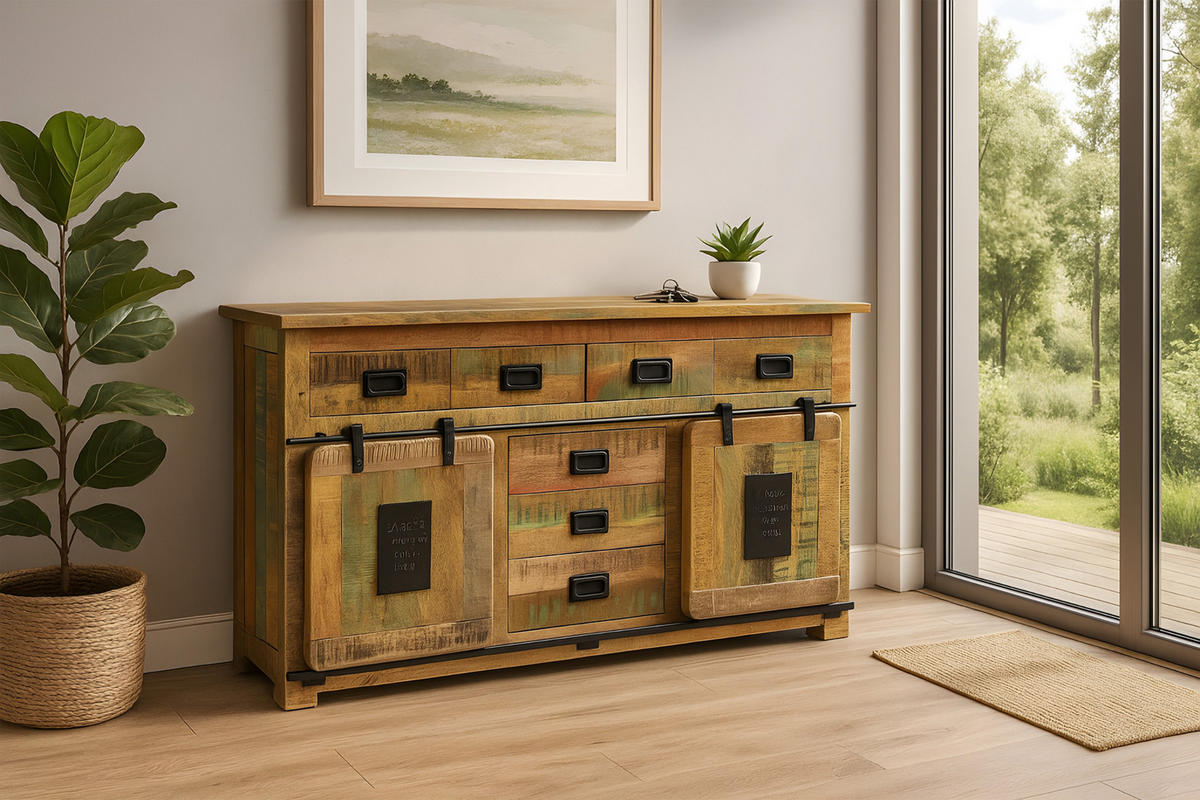 SIDEBOARD LIBRO - Hellbraun/Multicolor, Akazienholz/Holz (150/90/45cm) - SAM