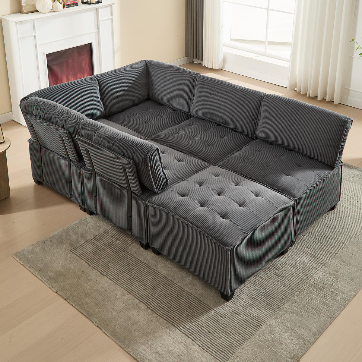 SOFA modular 6-Sitzer 308 x 154 cm Cord Gray - Grau, Kunststoff (154/82/308cm) - Meubliv