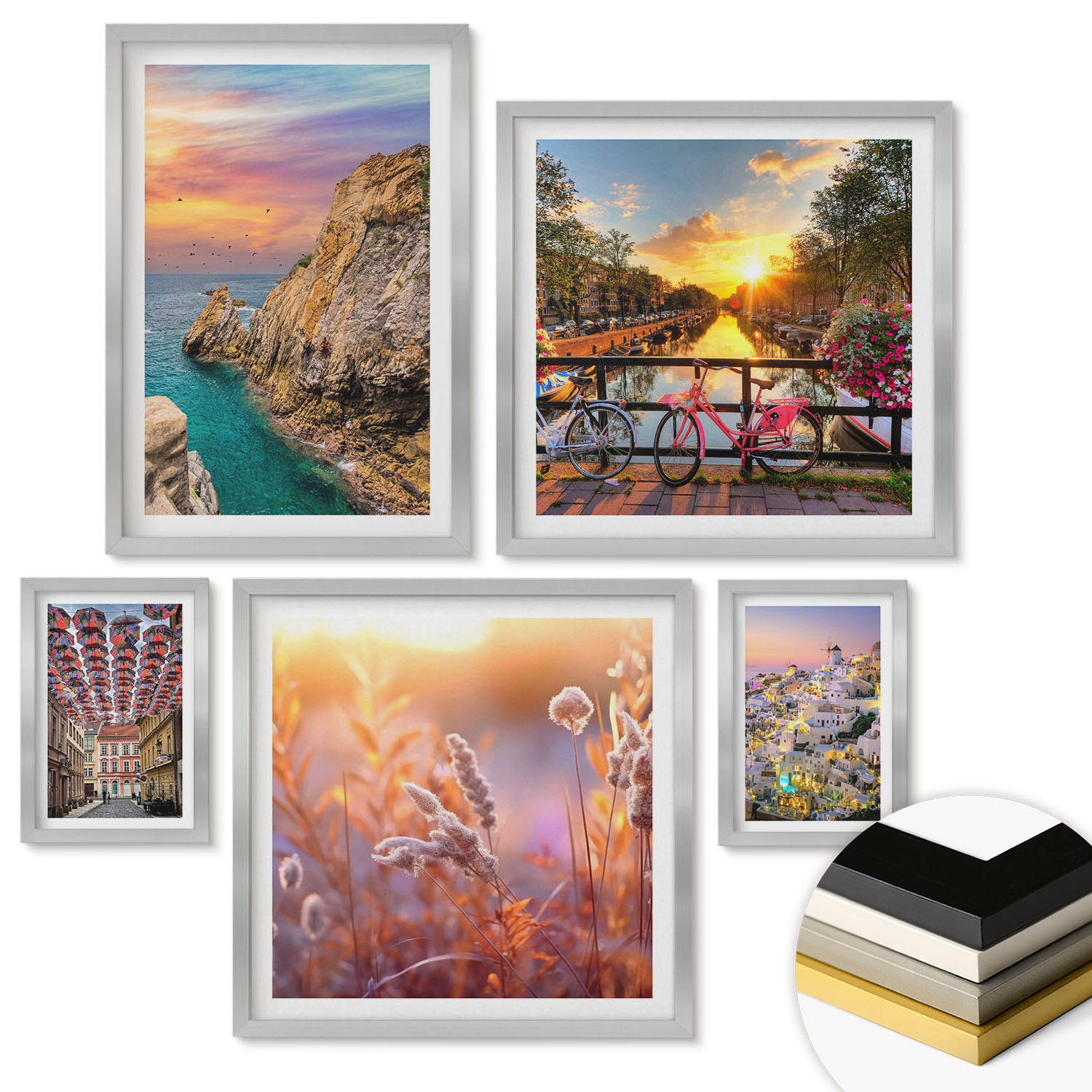 WANDBILDER 5er Set - 50x50 cm & 20x30 cm & 40x60 cm Silberner Rahmen - Sonnenuntergänge am Meer - Silberfarben, Kunststoff (40/60cm) - ArtPrintCave