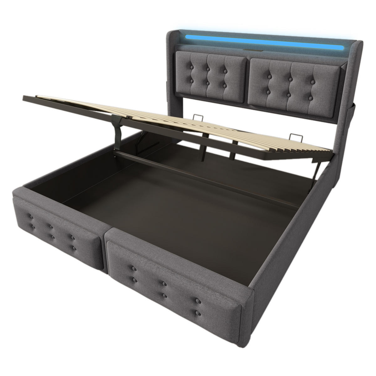 POLSTERBETT 140/200 cm Grau mit LED-Beleuchtung und USB-Anschlüssen aus Baumwolle - Grau, Textil (140/200cm) - OKWISH