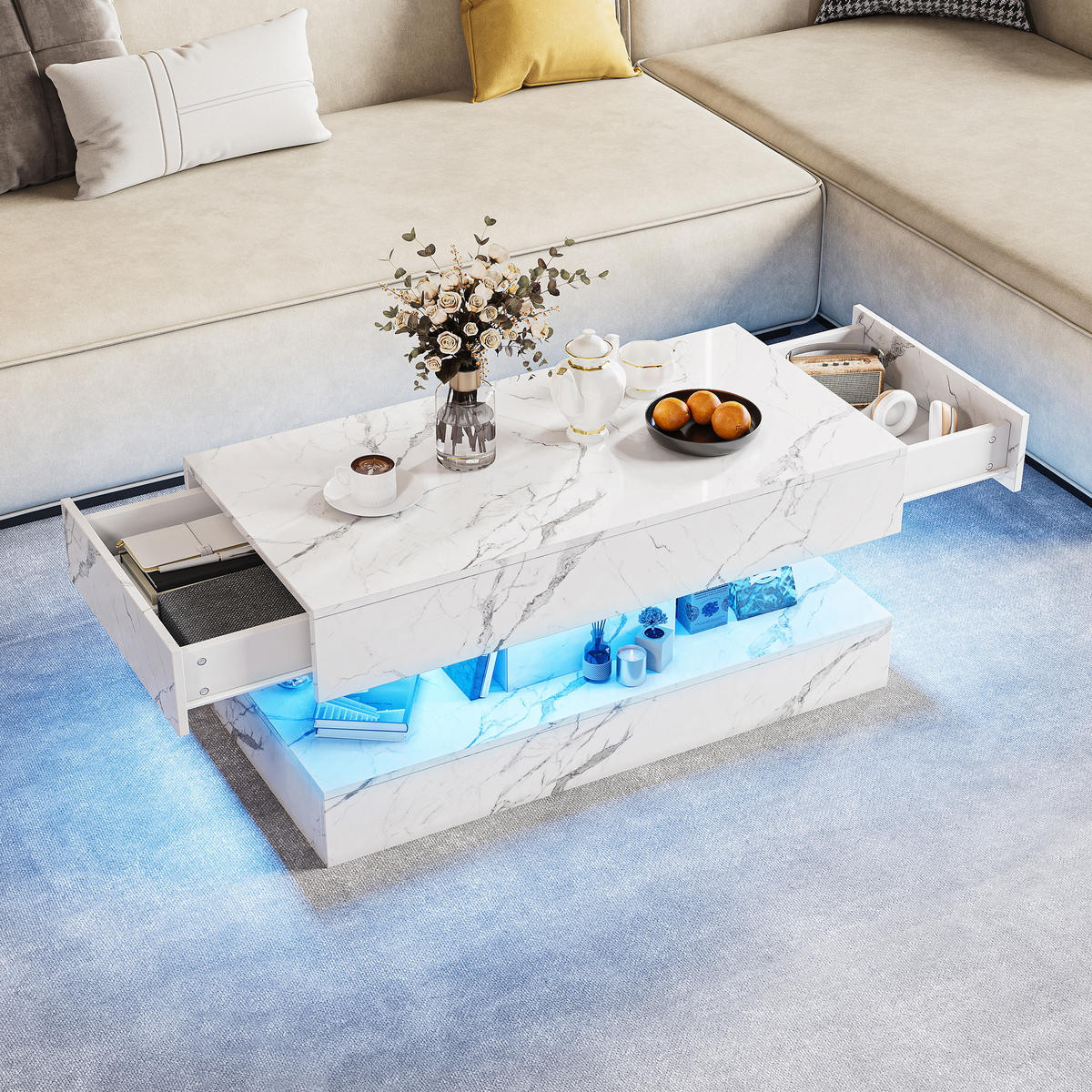 SOFFBORD med LED-belysning, förvaringsutrymme och marmorlook, vitt - Vit, Trä (100/50/45cm) - SHOPENTRA