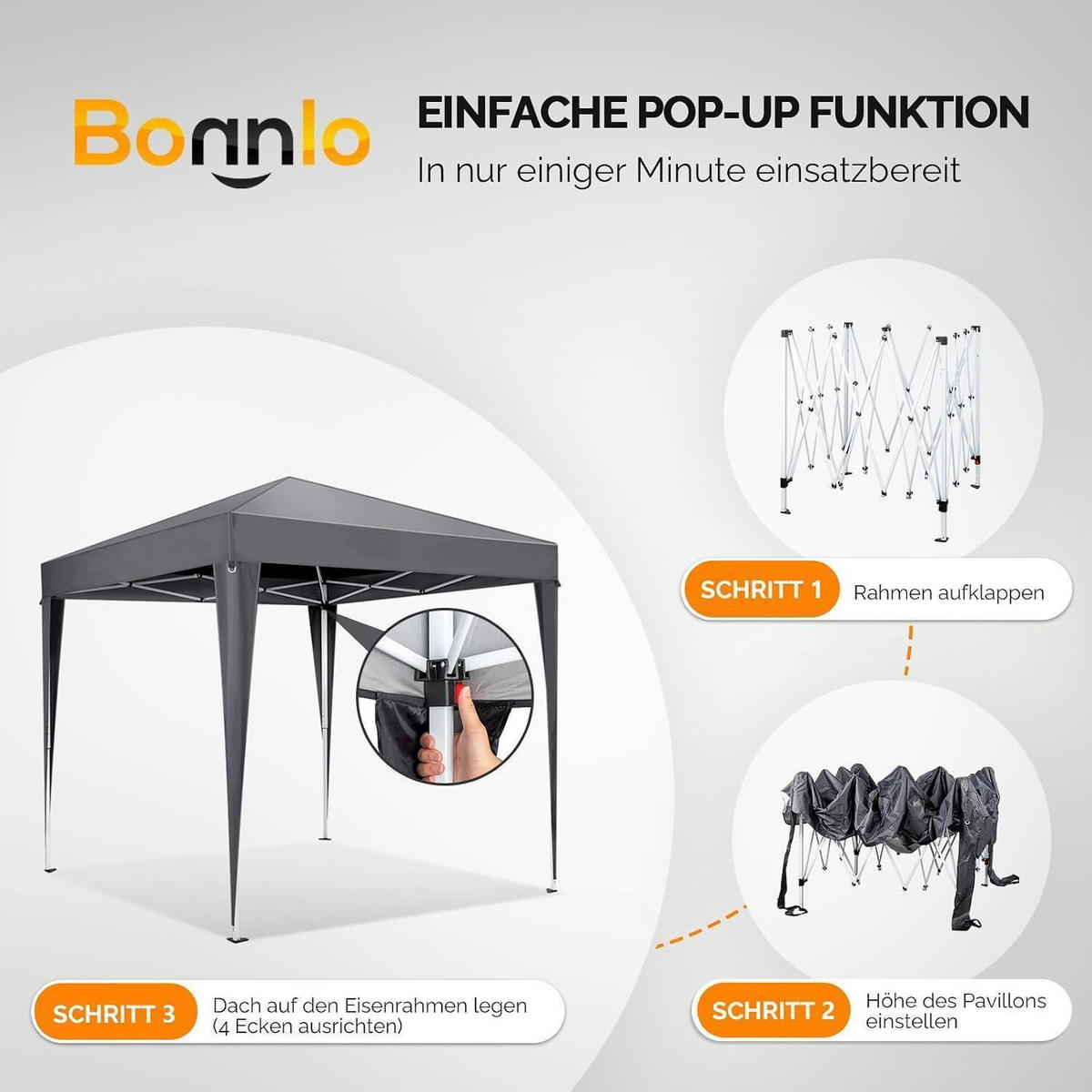 FALTPAVILLON 3x3m mit 4 Seitenteilen, höhenverstellbar in anthrazit - Anthrazit, Metall (300/260/300cm)