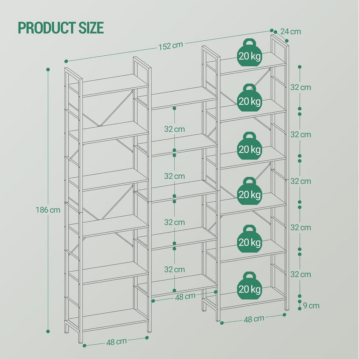 BÜCHERREGAL 6 Etagen 17 Fächer Eiche-Weiß 152 x 186 cm - Weiß, Holzwerkstoff (152/186/24cm)