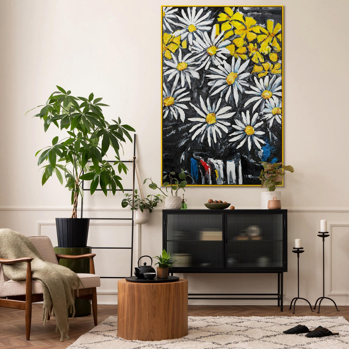 GEMÄLDE Schneeweiße Margeriten Schattenfugenrahmen Gelb 140x100 cm - Gelb, Holz (140/100cm) - YS-art gallery