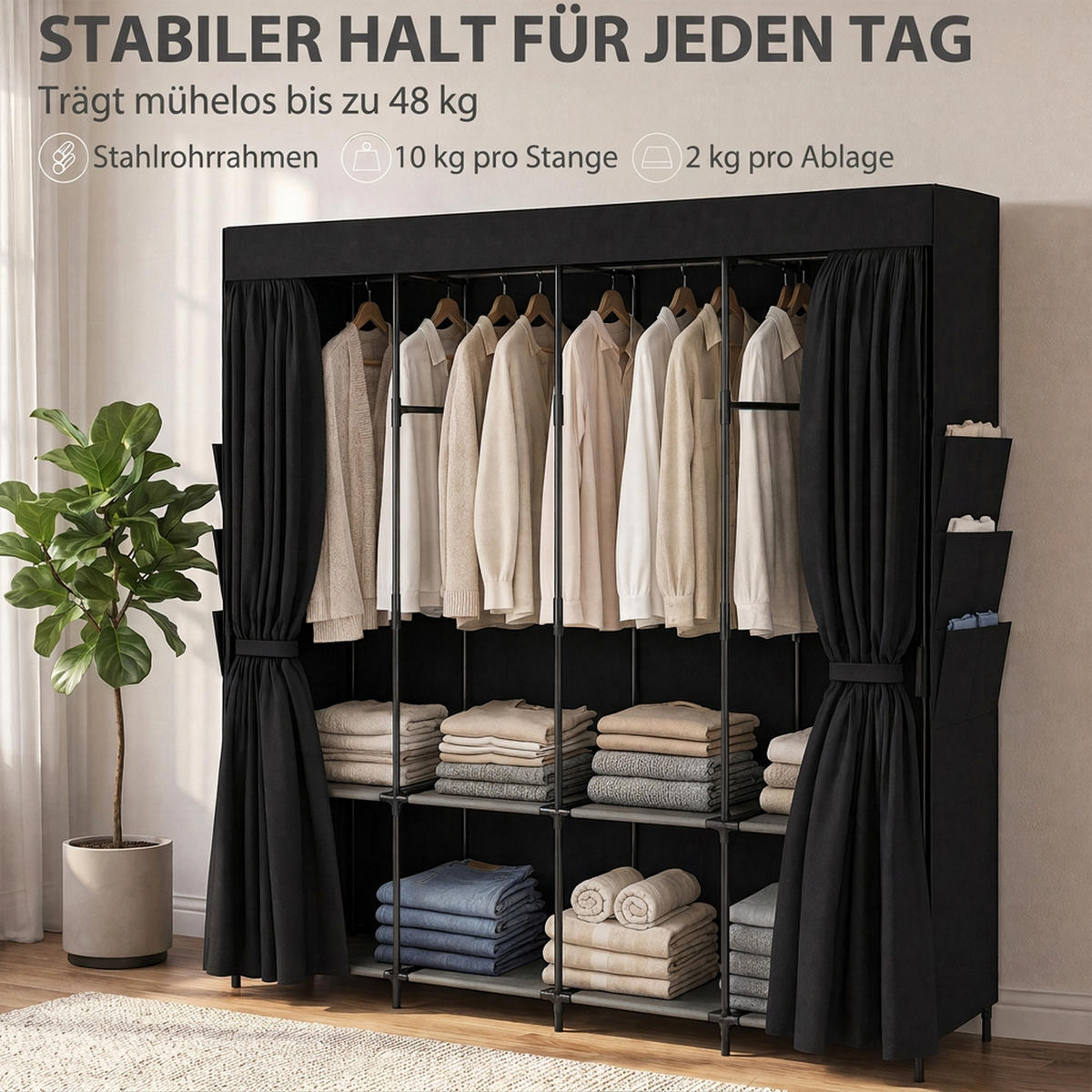 STOFF-KLEIDERSCHRANK Vliesstoff Stahl Schwarz - Schwarz, Textil (45/167/170cm) - HOMCOM