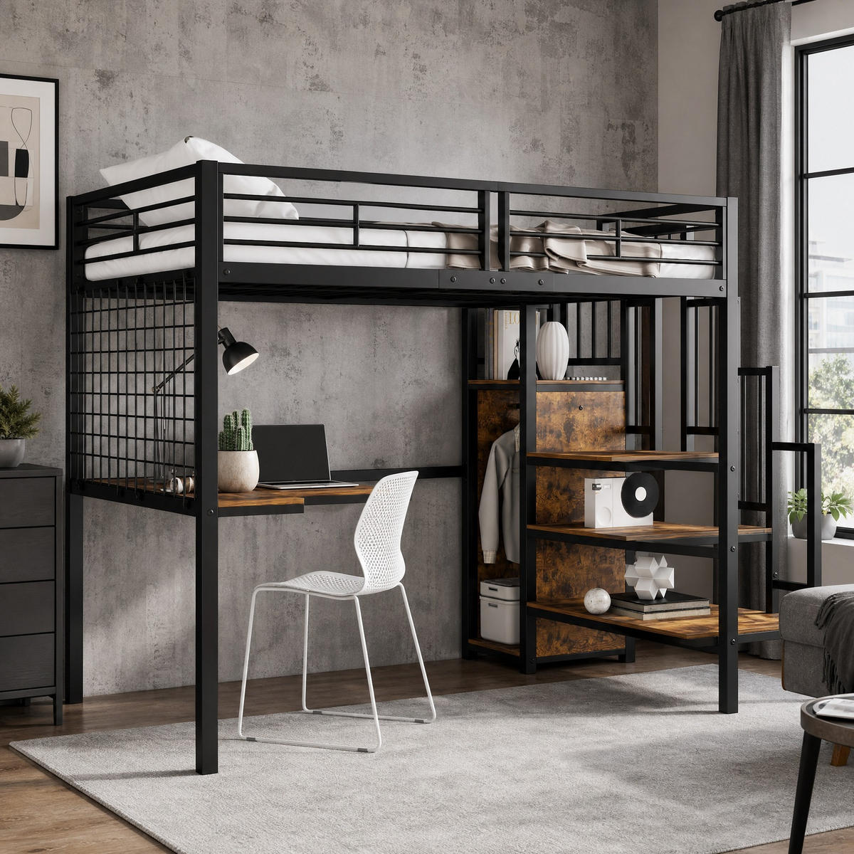 HOCHBETT 90/200 mit Tisch Kleiderschrank und Seitenleiter in Schwarz und dunkler Holzfarbe - Schwarz, Metall (90/200cm) - EVRYAE