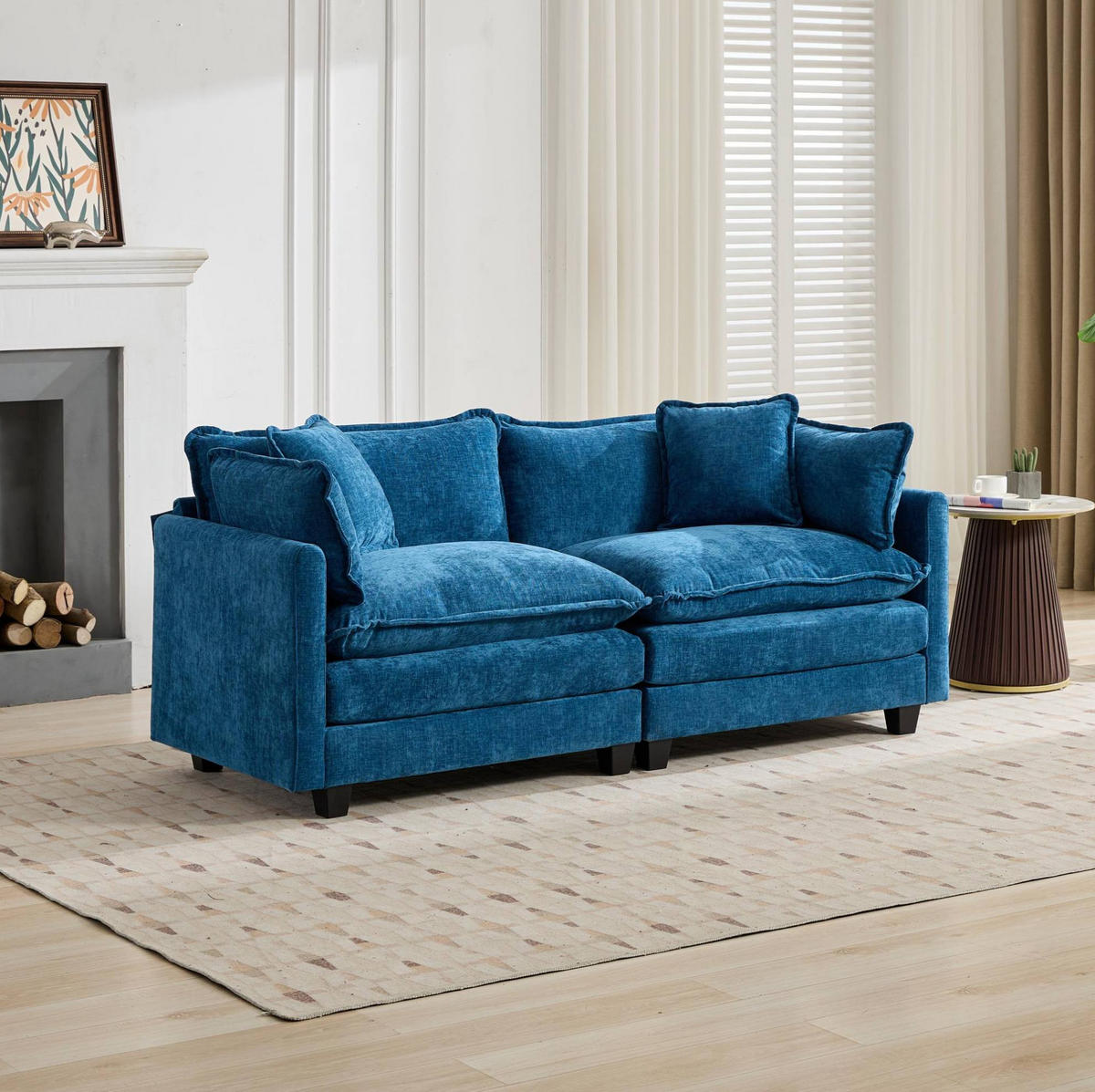 SOFA modular Chenille Blue 2-Sitzer - Blau, Holz (75/84/195cm) - Meubliv