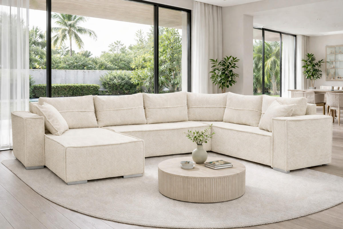 WOHNLANDSCHAFT STYLO U-Form mit Schlaffunktion Bettkasten Cordstoff Poso Beige - Beige, Kunststoff (315/90/215cm) - Wohnideebilder