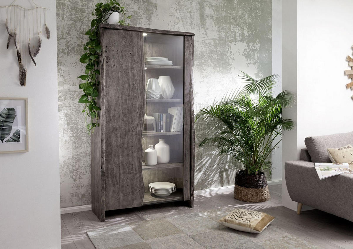 VITRINE Akazie 105x45x204 grau lackiert PURE ACACIA #911 - Grau, Holz (105/204/45cm) - Massivmoebel24