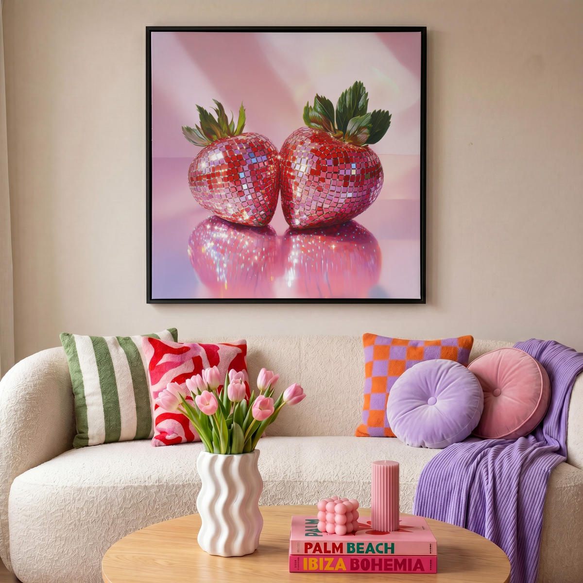 LEINWAND Bilder mit Rahmen - Disco - Obst - Glitzer - Erdbeere - 90x90 - Pink, Textil (90/90cm) - MuchoWow