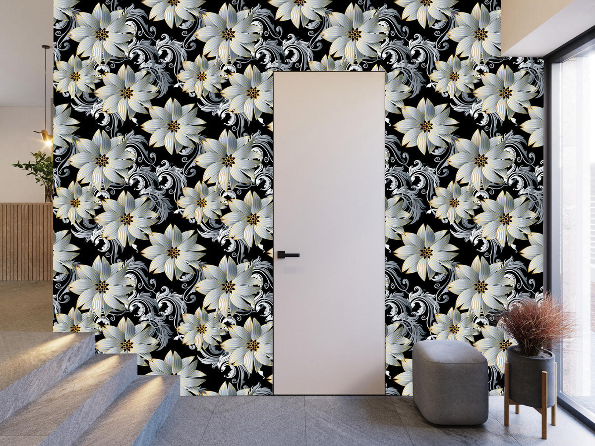 VLIESTAPETE Florale Ornamente in 3D-Optik – Silberfarben, Schwarz – 50x1000 cm - Silberfarben/Schwarz, Papier (50/1000cm) - Muralo