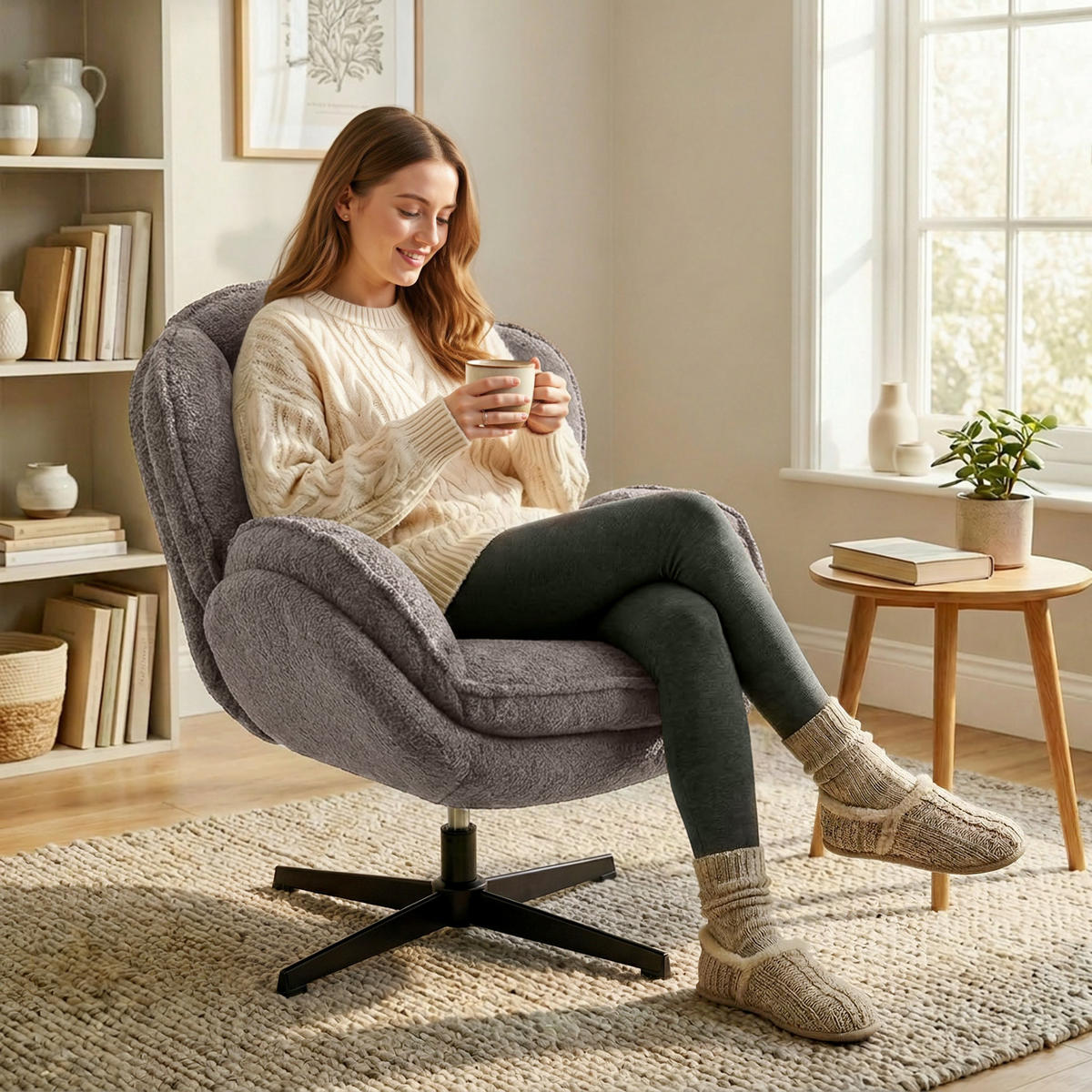 WINGBACK-SESSEL DE-06919 Samt, Vier-Sterne-Basis & 360° Drehung Grau - Grau, Textil/Metall (76/88/86cm) - ComfortXL