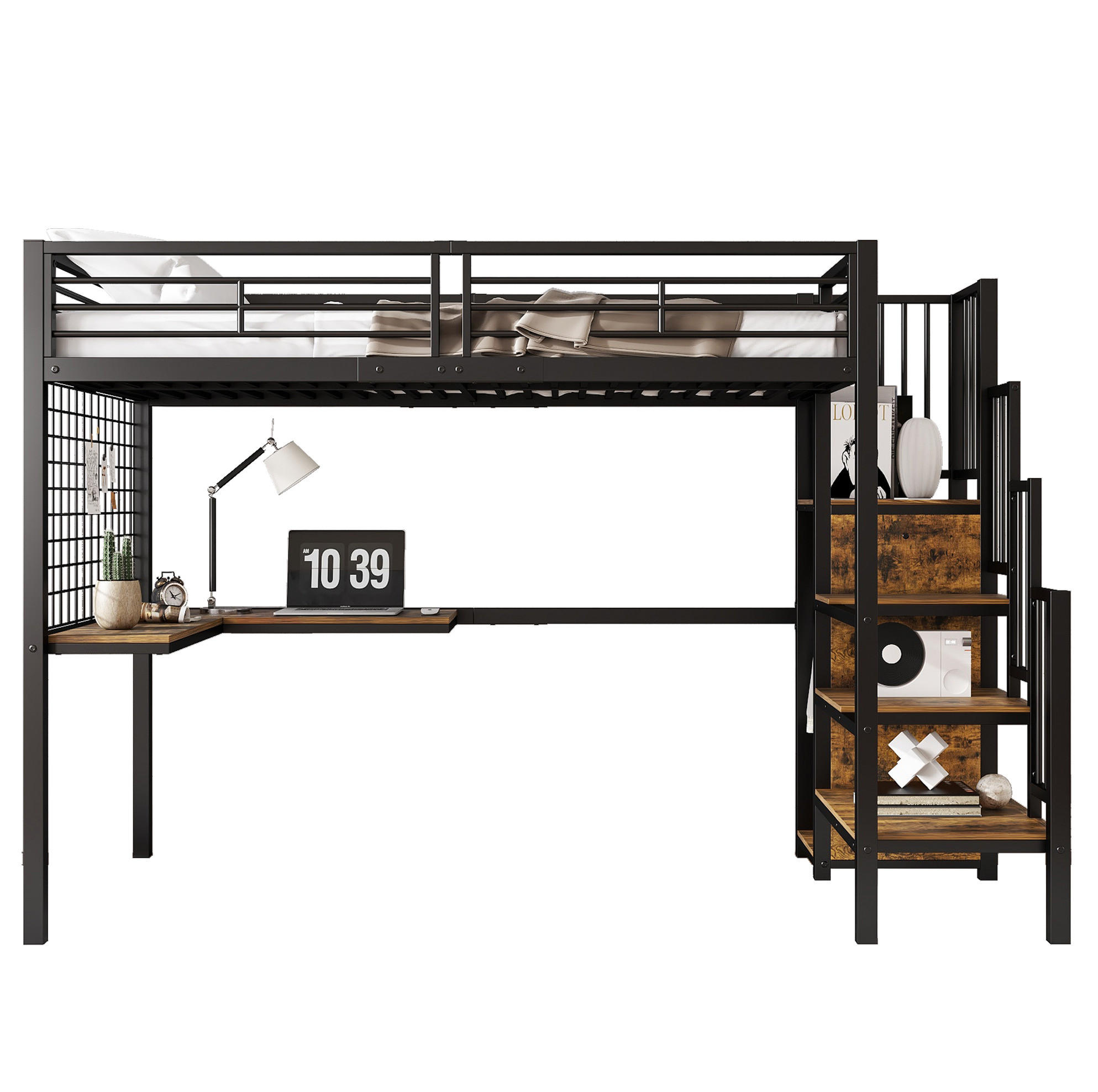 HOCHBETT 90/200 cm, Schwarz mit Kleiderschrank und seitlichen Holztreppen - Schwarz, Metall (90/200cm) - MIVRAY