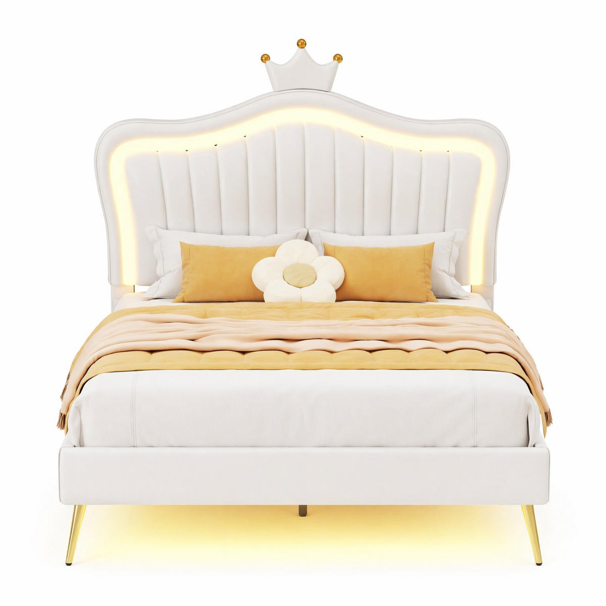 KINDERBETT 90/200 cm in Weiß mit LED und verstellbarem Kopfteil im Muschel-Design - Weiß, Holzwerkstoff/Textil (90/200cm) - CHICFURN