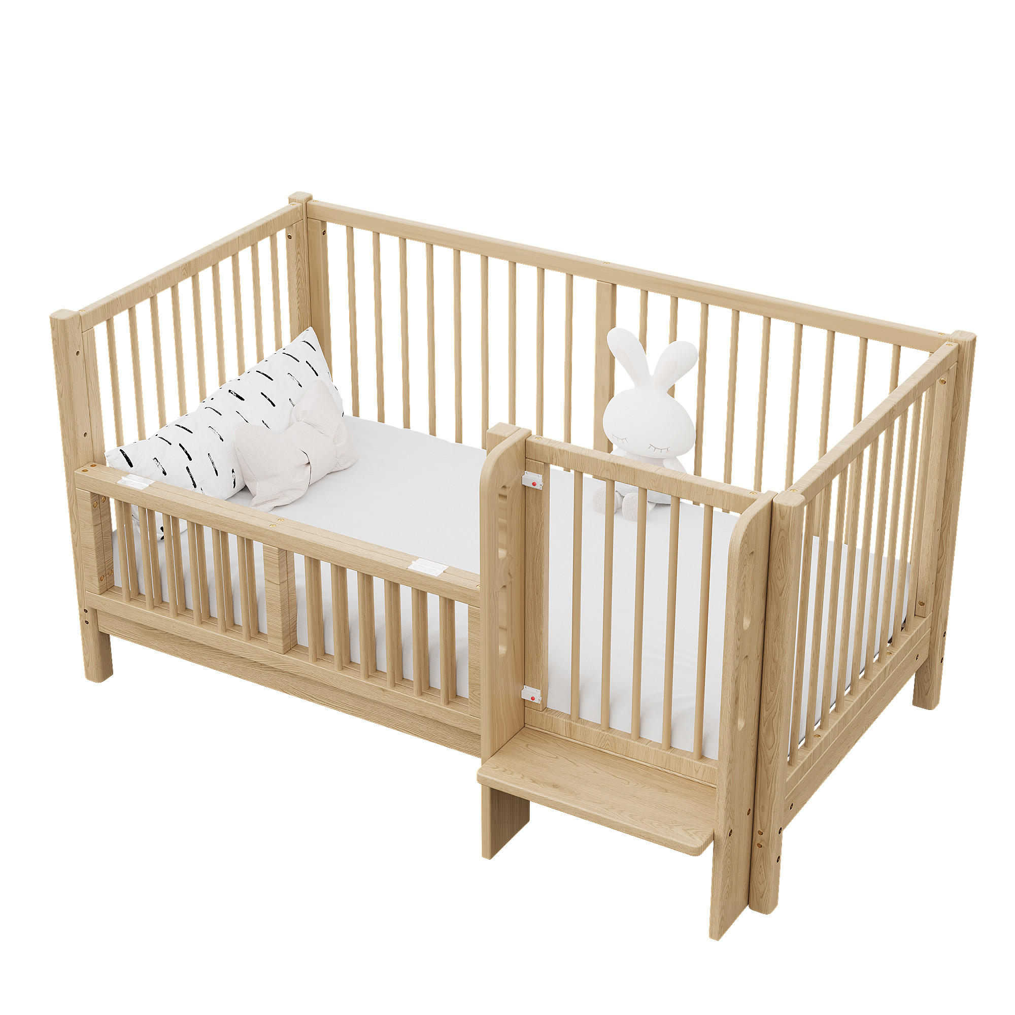 KINDERBETT 140/70 cm in Natur mit Umbausatz, Sicherheitsgeländer und Trittstufe - Naturfarben, Holz/Holzwerkstoff (70/140cm) - WISHDOR