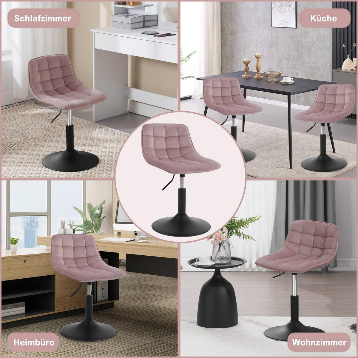 BARHOCKER Mehrzweck 360° Schwenken Samt, Rosa - Schwarz/Rosa, Textil/Metall (42.5/72/45cm) - Woltu