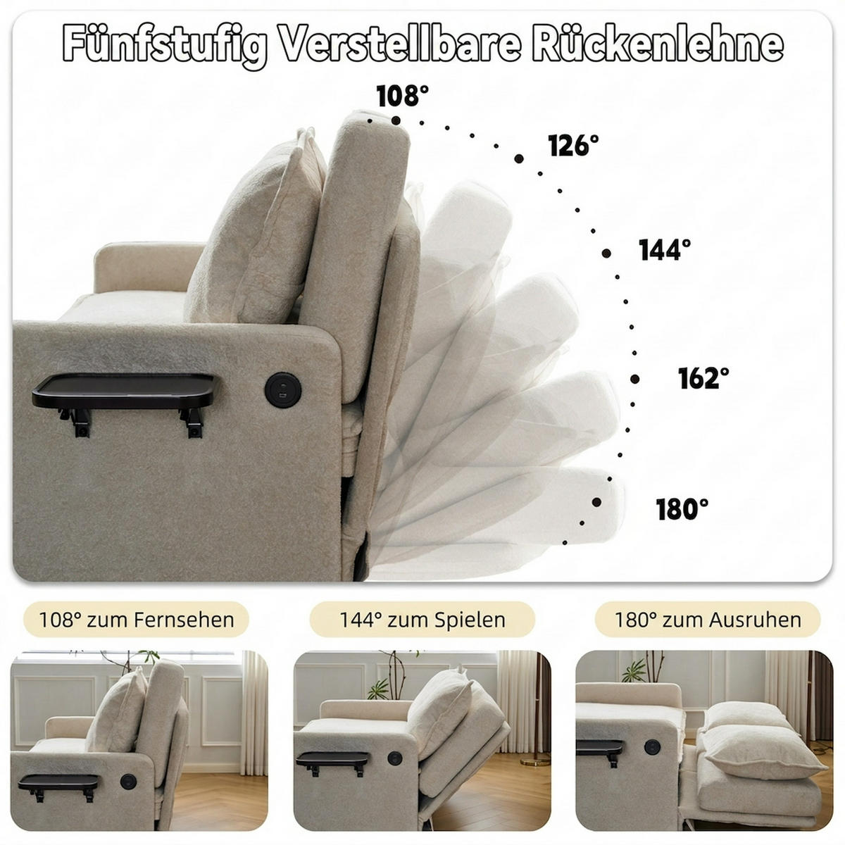 SCHLAFSOFA 172.5/71/95 cm Beige mit USB-Anschluss, 5-fach verstellbarer Rückenlehne und Stauraum - Beige, Textil (71/95/172.5cm) - Oxeza