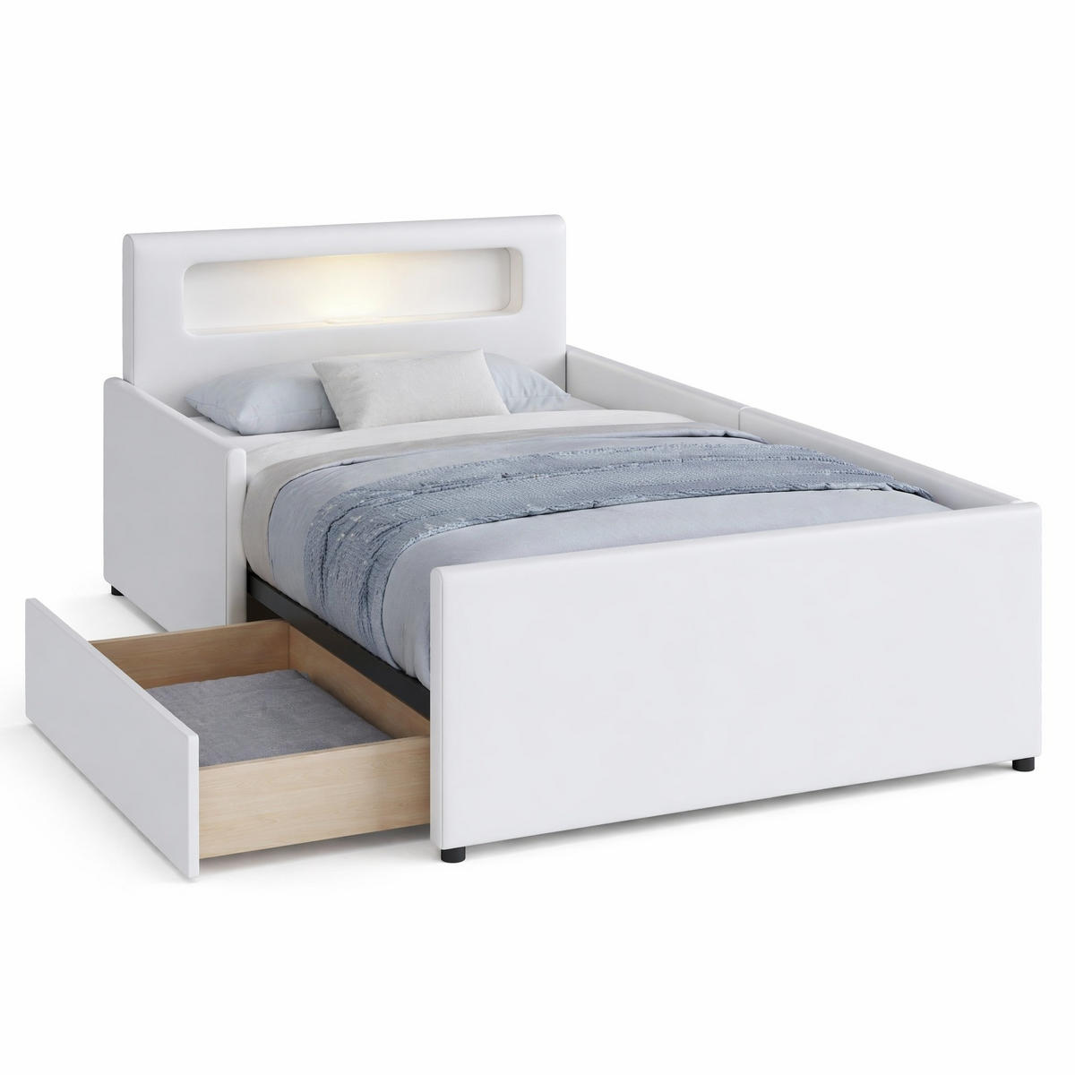KINDERBETT 90/200 cm in Weiß mit LED, USB und Stauraum - Weiß, Holzwerkstoff/Textil (90/200cm) - CHICFURN