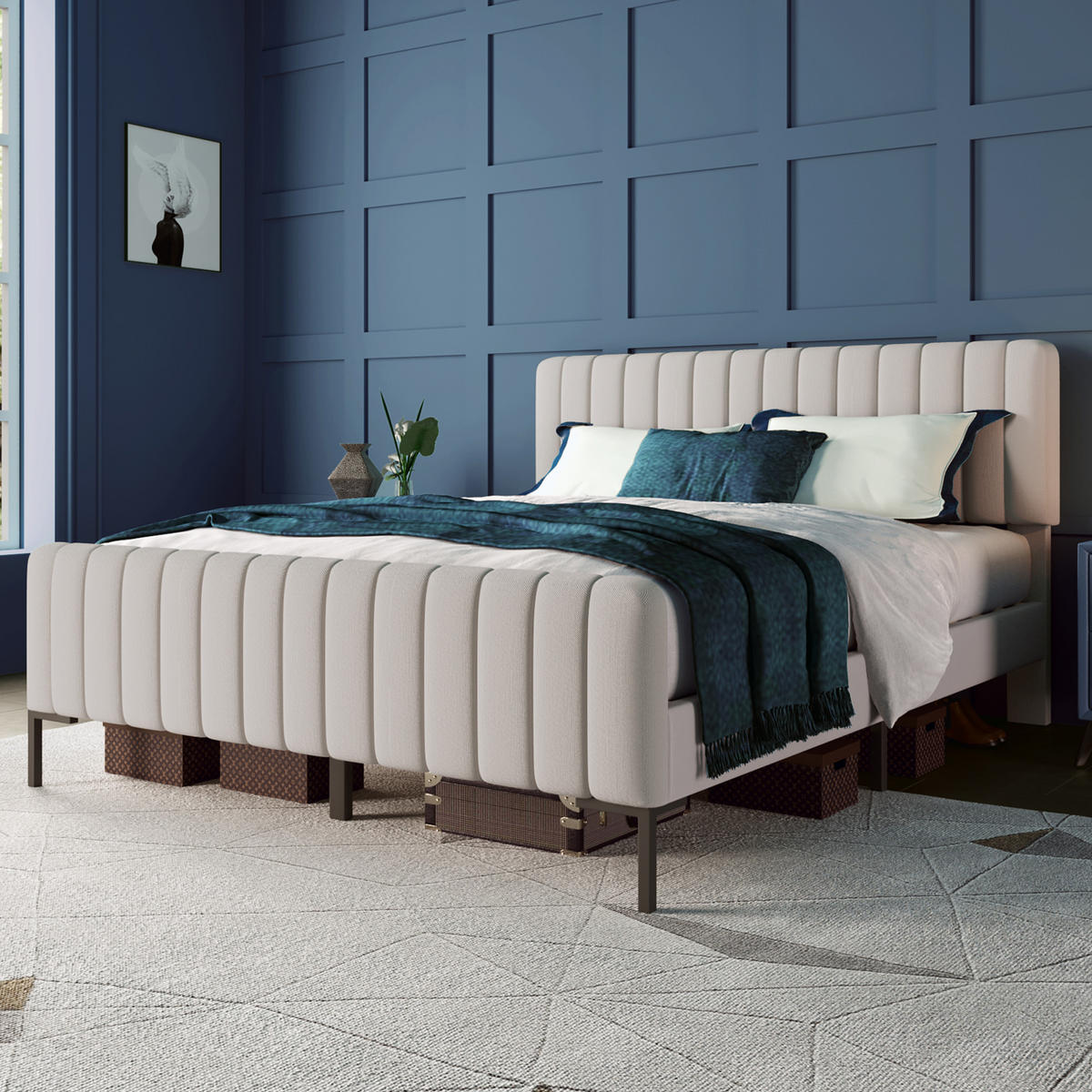 POLSTERBETT 160/200 cm grau-beige mit verstellbarem Kopfteil - Grau, Textil (160/200cm) - OKWISH