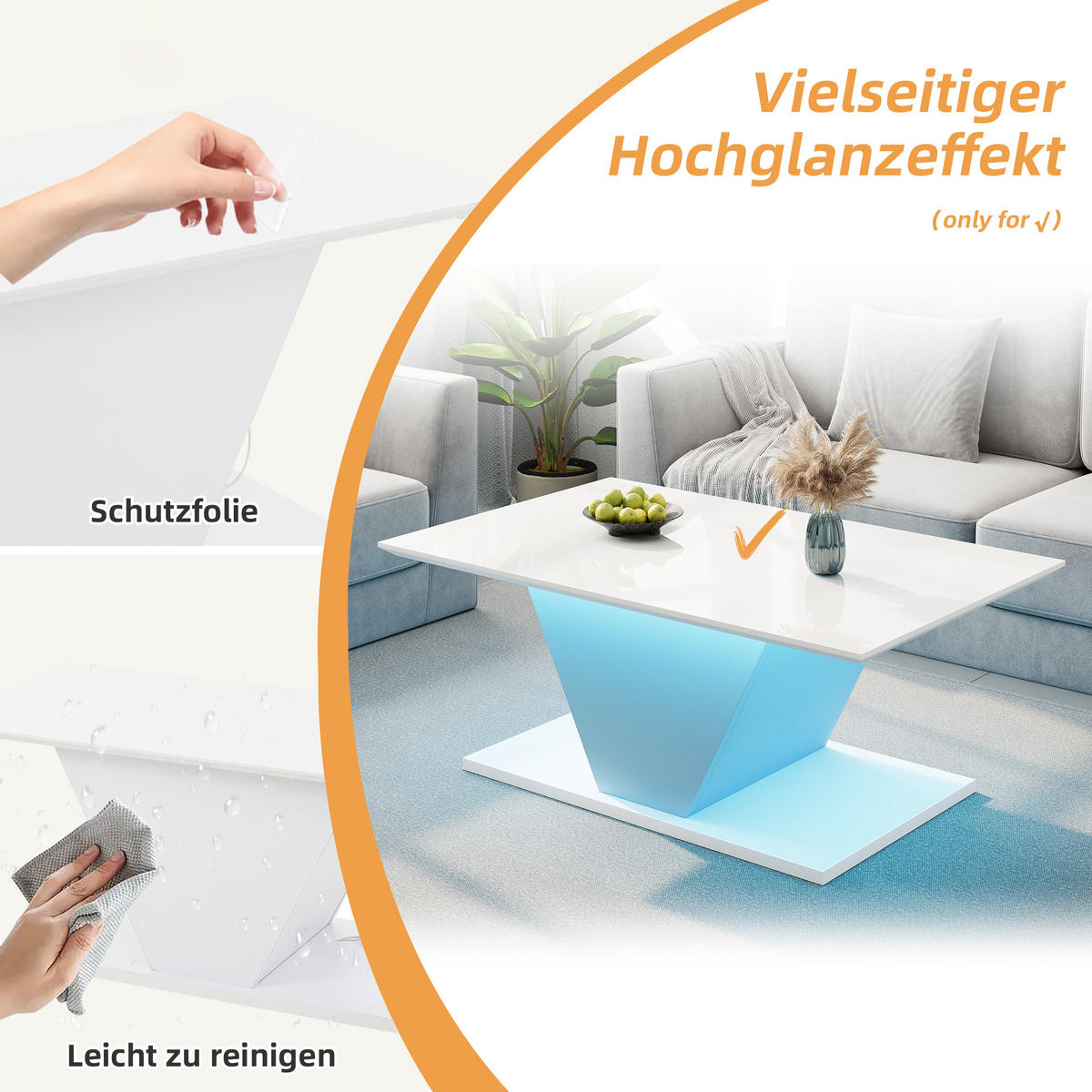 COUCHTISCH Weiß Hochglanz mit LED & V-Form Design - Weiß, Holzwerkstoff (50/100/46cm) - Urban Meuble