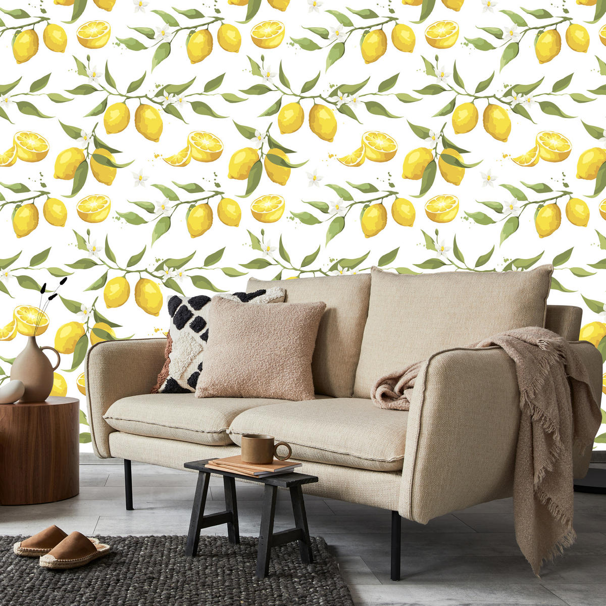 VLIESTAPETE Zitronen und Blätter – Gelb, Grün, Weiß – 50x1000 cm - Gelb/Weiß, Papier (50/1000cm) - Muralo