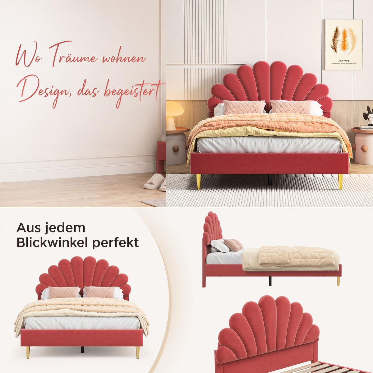 POLSTERBETT 140 x 200, Kinderbett mit Lattenrost, Blütenblattförmiges Kopfteil, Samt, rot - Rot, Holzwerkstoff/Textil (140/200cm) - GENKI LIVING