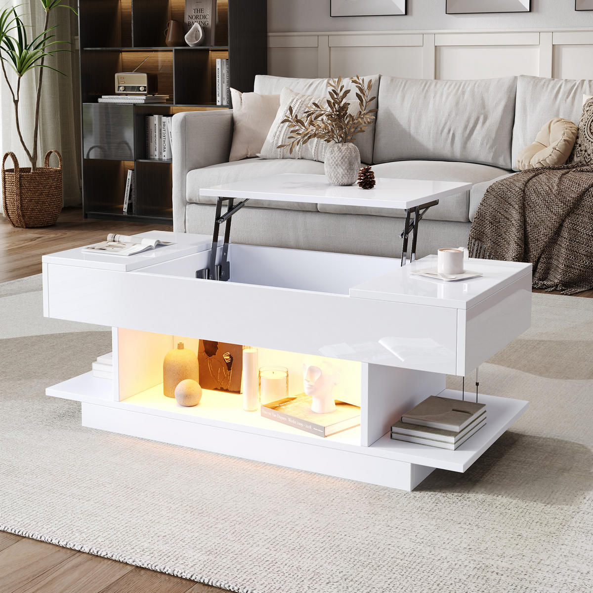 COUCHTISCH aus Spanplatte 98x45x40 cm in Weiß mit LED-Beleuchtung & Liftfunktion - Weiß, Holzwerkstoff (98/45/40cm) - Modfu