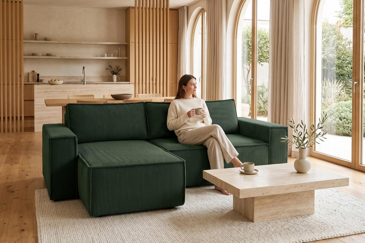 ECKSCHLAFSOFA NAPI Universal Links Rechts mit Bettkasten, Cord-Stoff, dunkelgrün - Dunkelgrün/Schwarz, Textil (262/148cm) - KONSIMO®