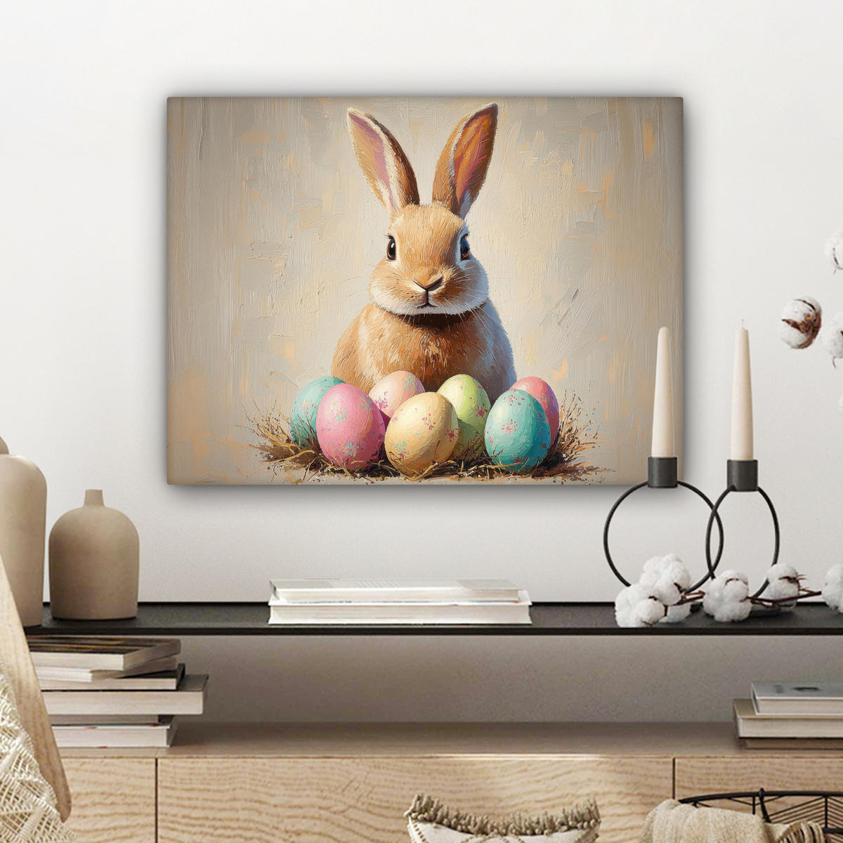 LEINWANDBILD Osterhase - Pastell - Eier Wandbild 40x30 cm - Beige, Textil (40/30cm) - MuchoWow