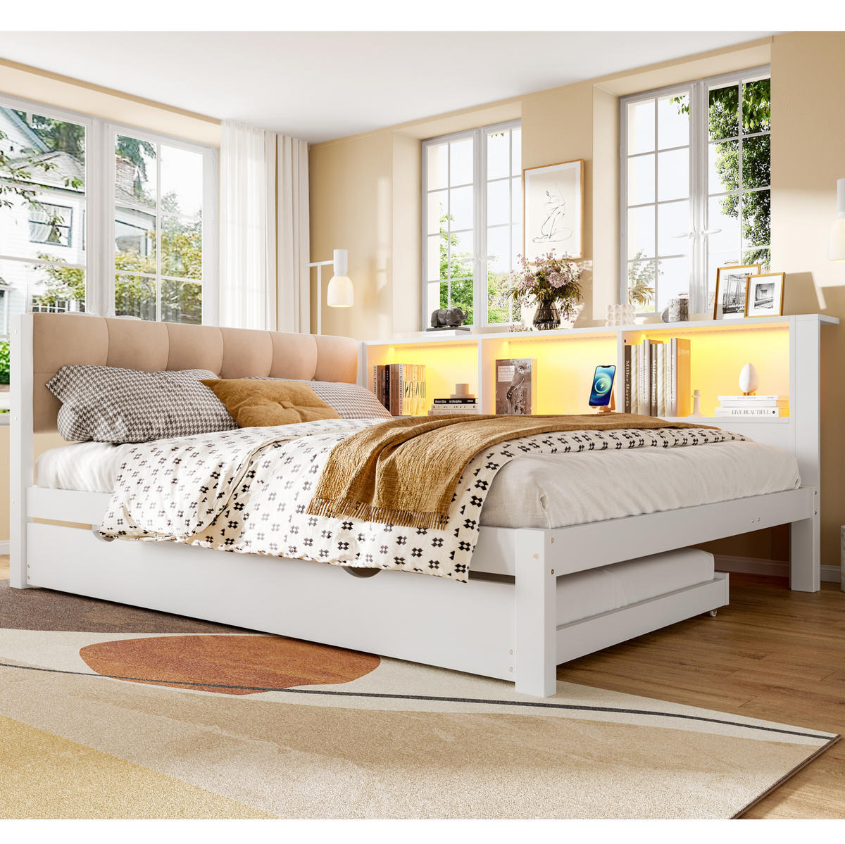 KINDERBETT 140/200 cm in Weiß mit Rollbett, Regal und LED-Beleuchtung - Weiß, Holz (140/200cm) - BEAOK