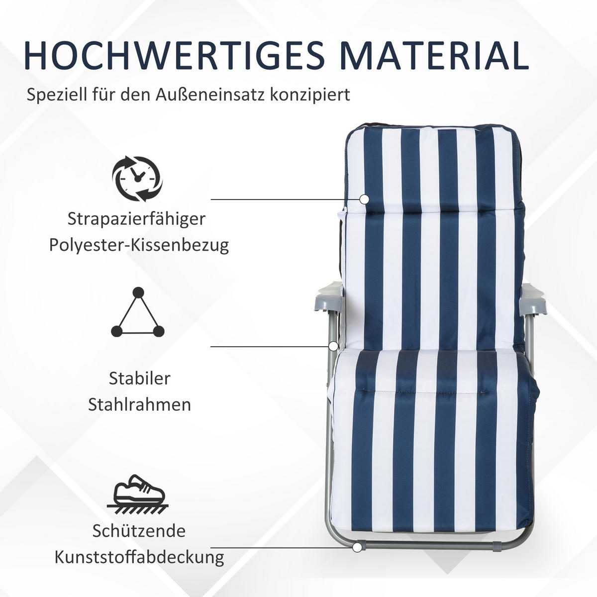 2 x Klappstühle Gartenstuhl Sonnenliege Armlehne klappbar 5 Positionen Auflage Blau 60 x 75 x 102 cm - Blau, Metall (60/102/75cm)