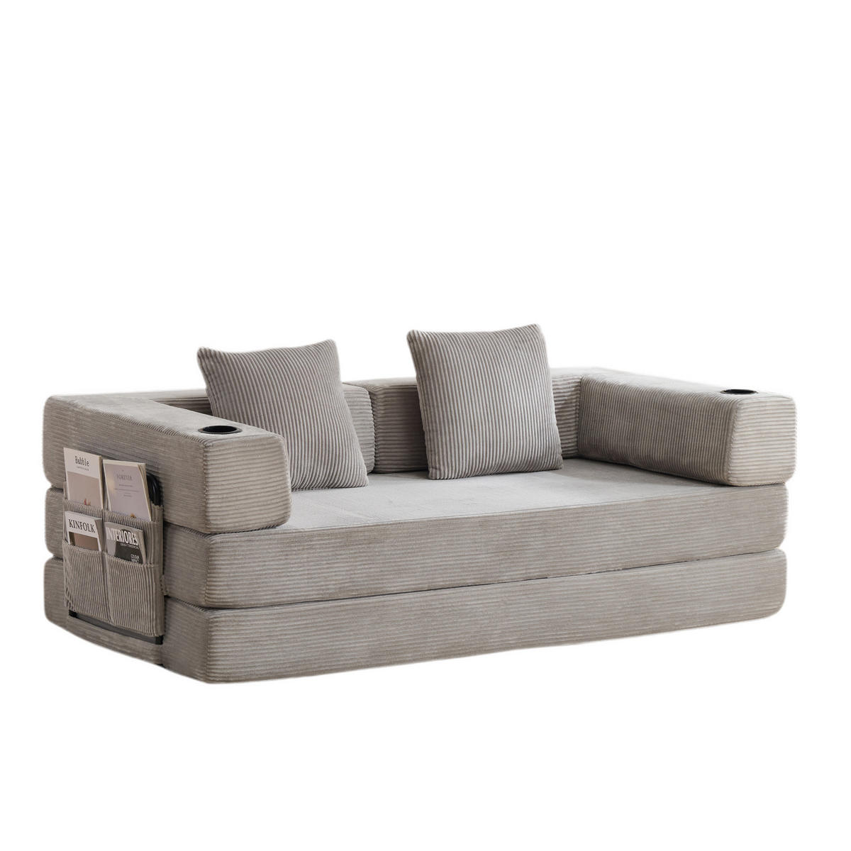 SCHLAFSOFA DE-33520 faltbar mit Becherhalter und Seitentasche Hellgrau - Hellgrau, Textil (185/60/92.5cm) - ComfortXL