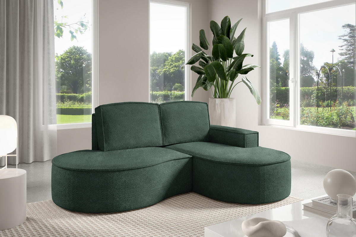 ECKSOFA MOLLY – Halbkreisförmig, Abriamo-Bouclé, Lose Kissen, Bouclé-Bezug, 210x157x88 cm, Rechts, Grün - Jadegrün, Holz/Textil (210/157cm) - DomoHome