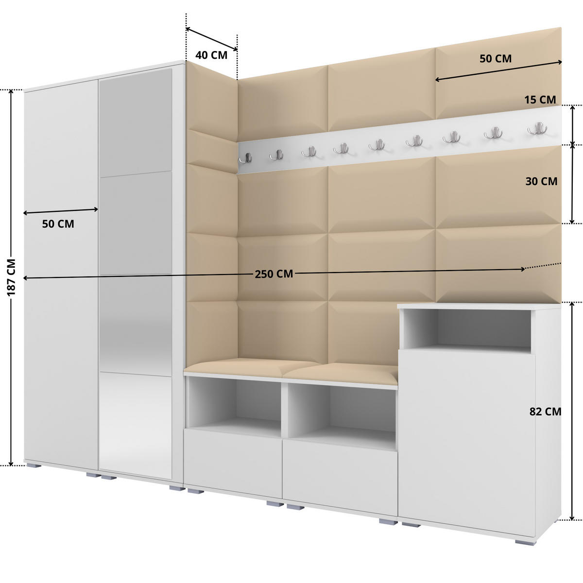 GARDEROBE NELA VIII 250 cm (Modulare Flurmöbel Weiß mit Spiegel & Sitzpolster Beige 04 Set XL) - Beige/Silberfarben, Holz/Holzwerkstoff (250/187/40cm) - Ravio