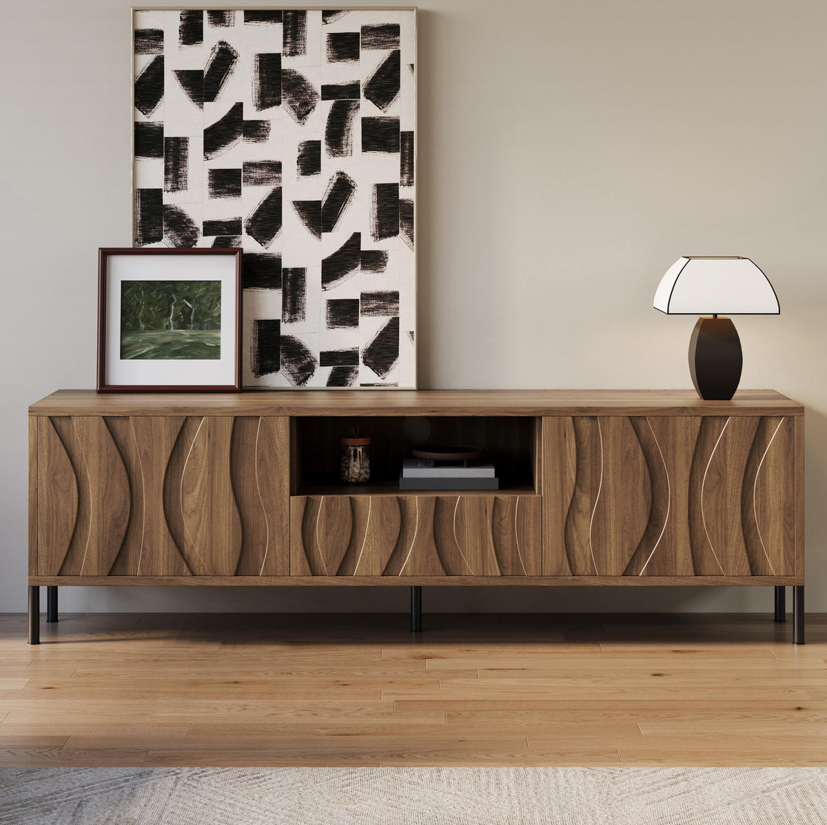TV-SCHRANK aus MDF 160x35x46 cm Natur mit Kabeldurchführung und Stauraum, wellenförmiges Türdesign - Naturfarben, Holzwerkstoff (160/46/35cm) - Modfu