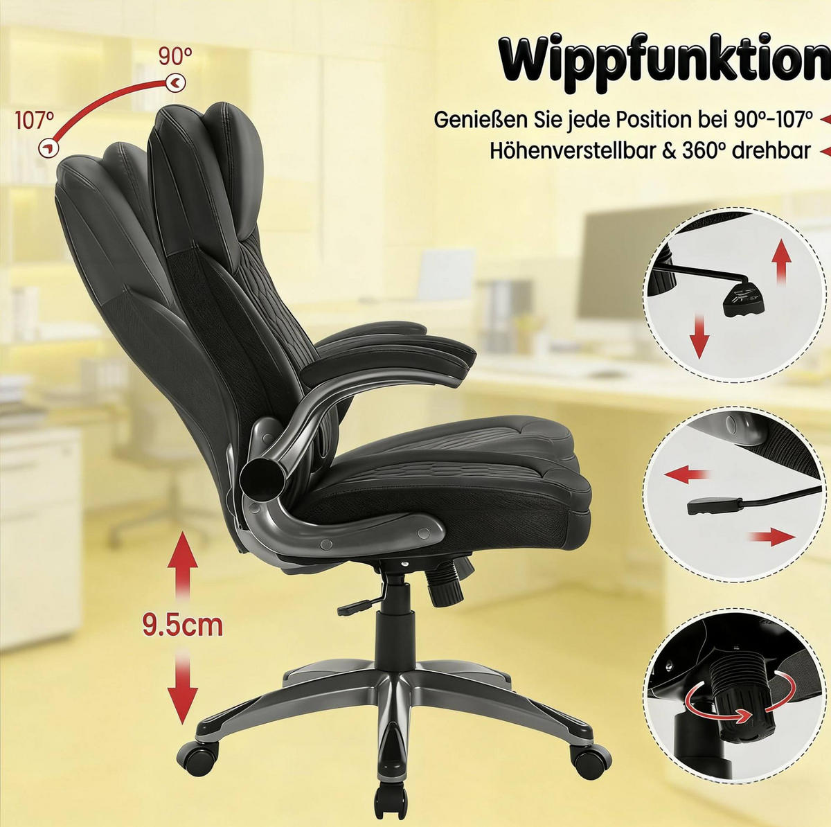 BÜROSTUHL höhenverstellbar mit hoher Rückenlehne Schwarz - Schwarz, Metall (67.5/120/73cm) - Meubliv