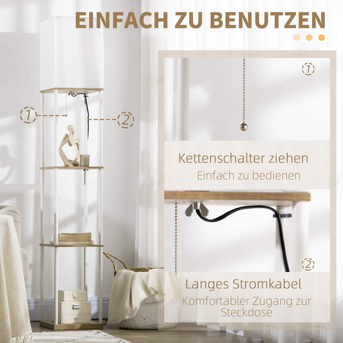 STEHLAMPE, Stehleuchte mit 3 Fächern, E27 Sockel, Weiß, exkl. Glühbirne - Weiß, Holzwerkstoff (26/26/159cm) - HOMCOM