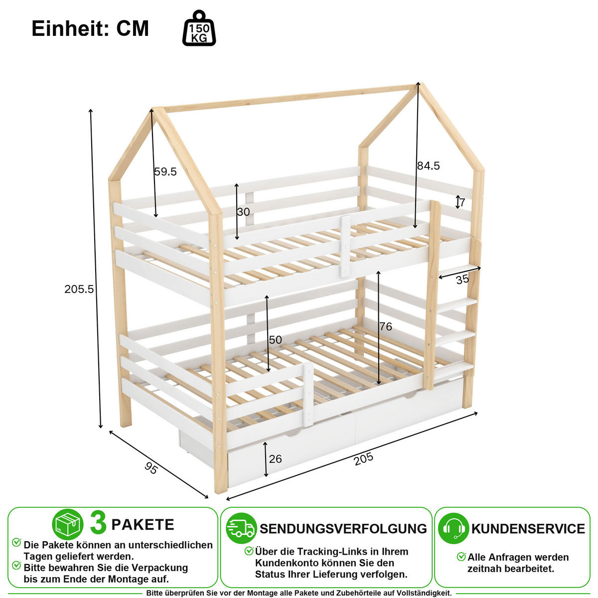 HAUSBETT 90/200 cm in Weiß & Holzfarben mit Schubladen und Stauraum aus Kiefernholz - Weiß/Naturfarben, Holz/Holzwerkstoff (90/200cm) - CHICFURN