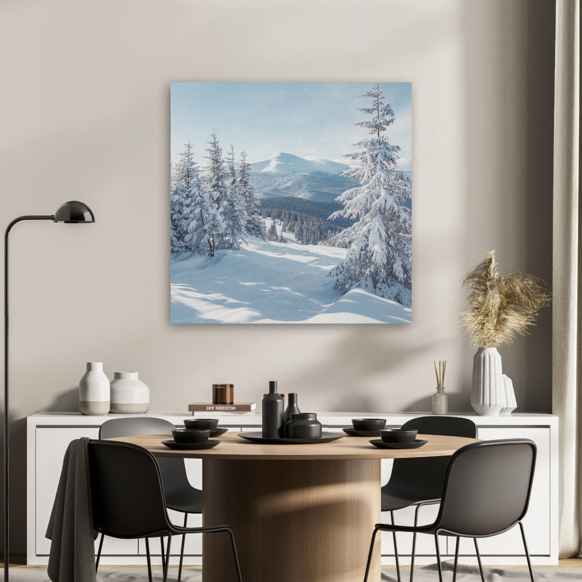 AKUSTIKBILD Winterlandschaft - Natur - Berge - Bäume - Schnee Akustikpaneele 80x80 cm - Hellblau, Kunststoff (80/80/0.9cm) - MuchoWow