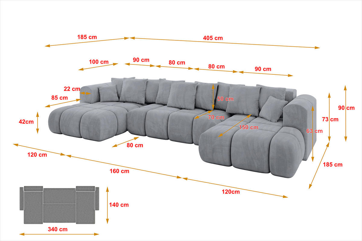 WOHNLANDSCHAFT CLOUD-U-v1 405x185x90 Hellgrau Velours - Hellgrau, Holzwerkstoff/Kunststoff (405/90/185cm) - ALTDECOR