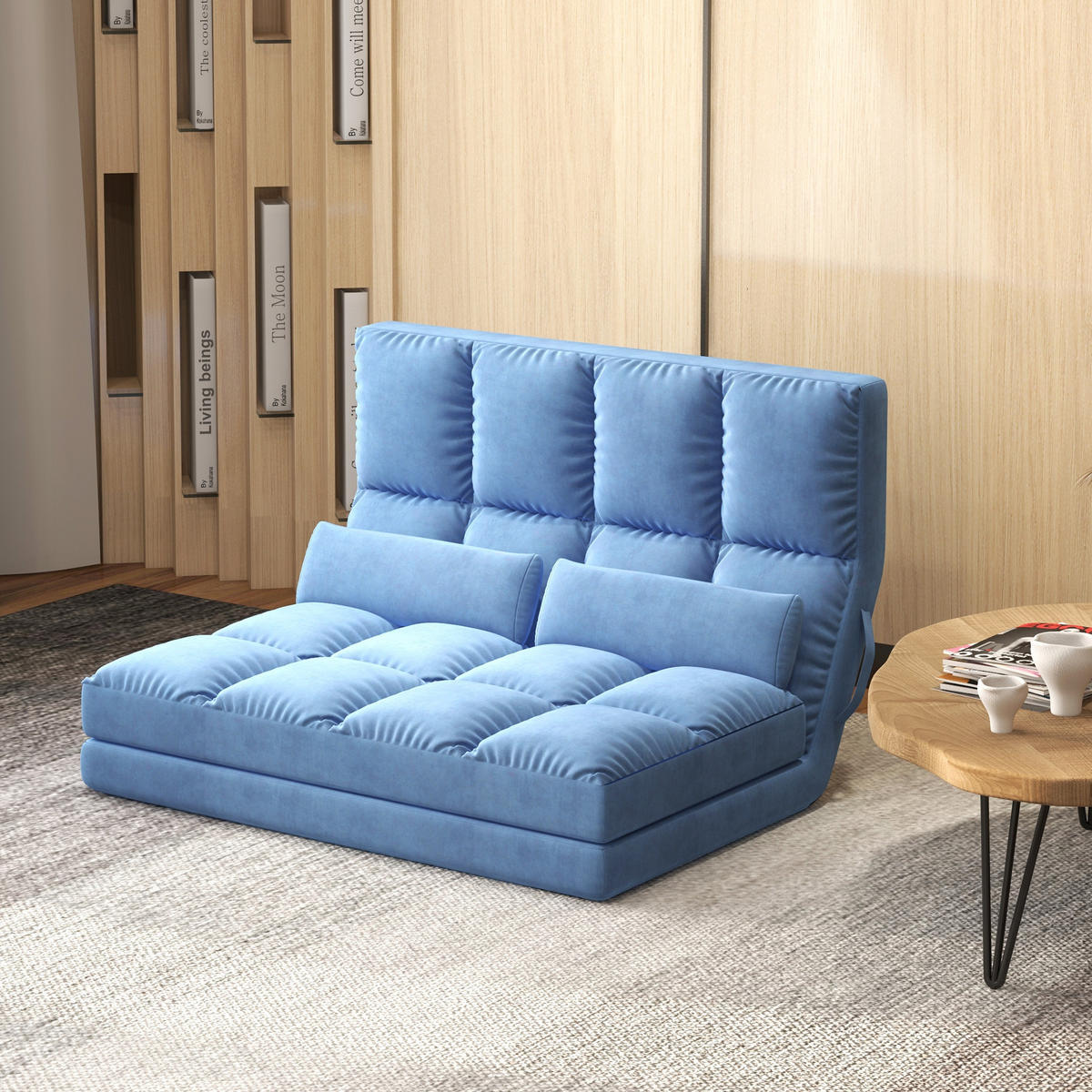 BODENSTUHL 2-in-1 Bodensessel Bett mit Rückenlehne 3 Positionen Verstellbar - Blau, Textil/Metall (73/60/102cm) - HOMCOM