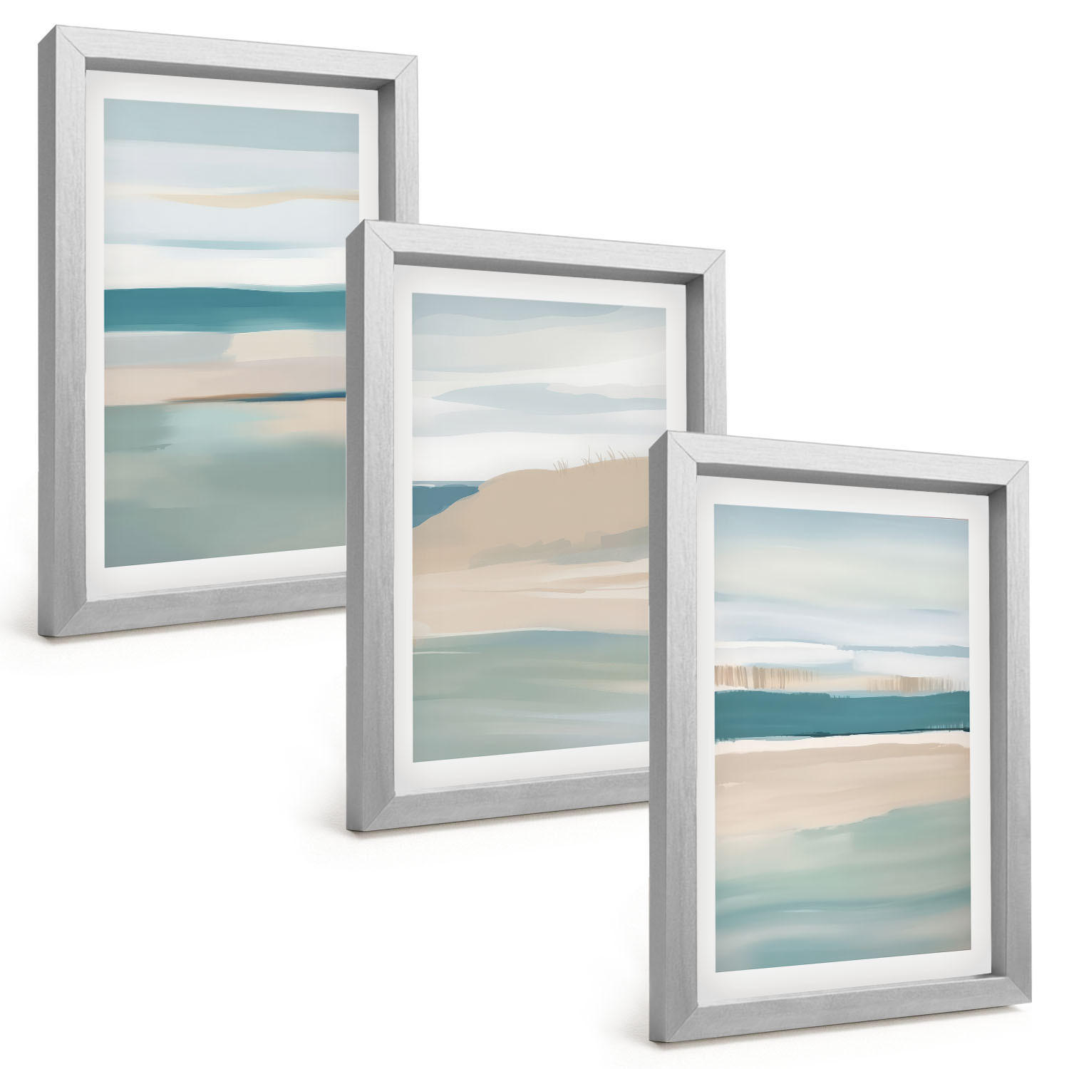 BILDER SET 3er Set - 20x30 cm Silberner Rahmen - Abstrakte blaue Landschaften - Silberfarben, Kunststoff (20/30cm) - TULUP