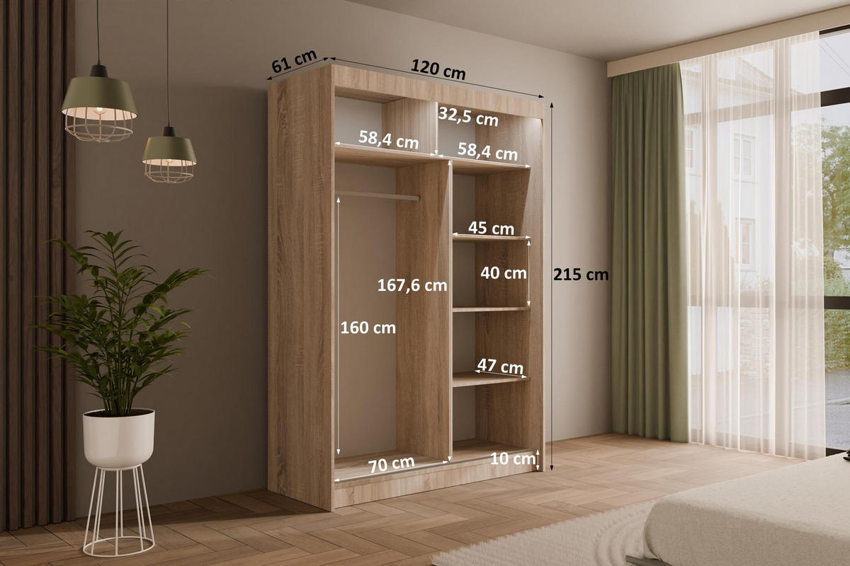 KLEIDERSCHRANK PEKA mit LED - 120 cm - Sonoma Eiche|Weiß - Weiß/Sonoma Eiche, Holzwerkstoff (120/215/61cm) - ALTDECOR