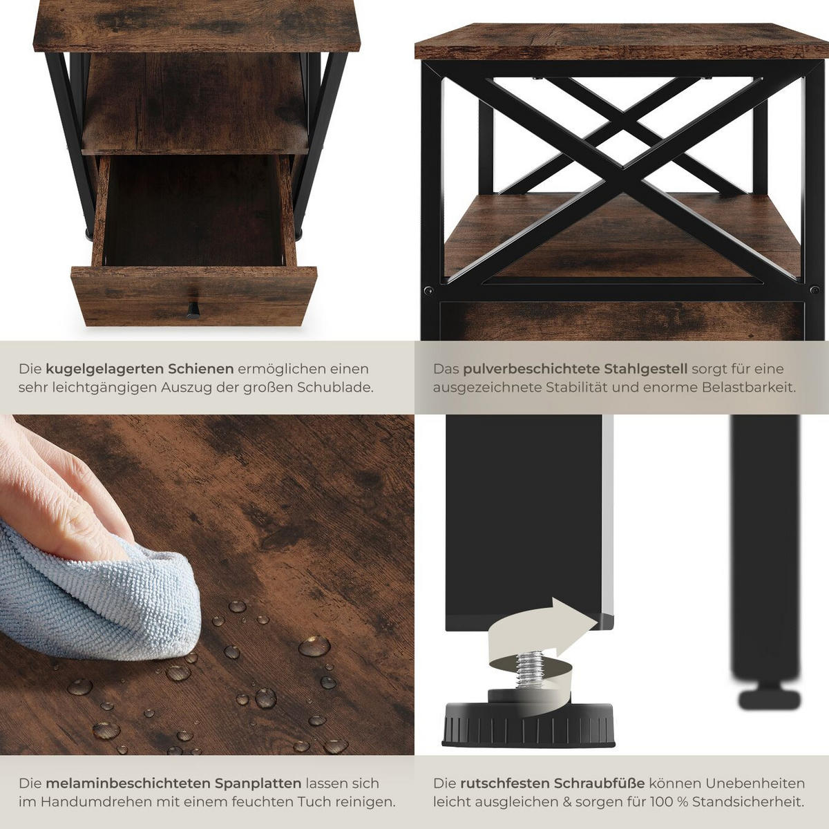 NACHTSCHRANK Falkirk, 40 x 41,5 x 55,5 cm, Industrial Holz dunkel, rustikal - Rostfarben, Holzwerkstoff (40/55.5/41.5cm) - tectake