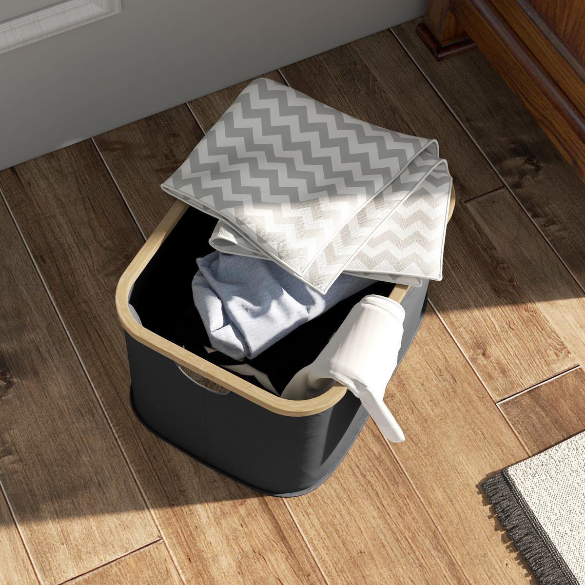 WÄSCHEKORB DE-18805 klappbar, 36L mit Bambusgriffen Schwarz - Schwarz, Textil (44.3/26.5/33.3cm) - ComfortXL